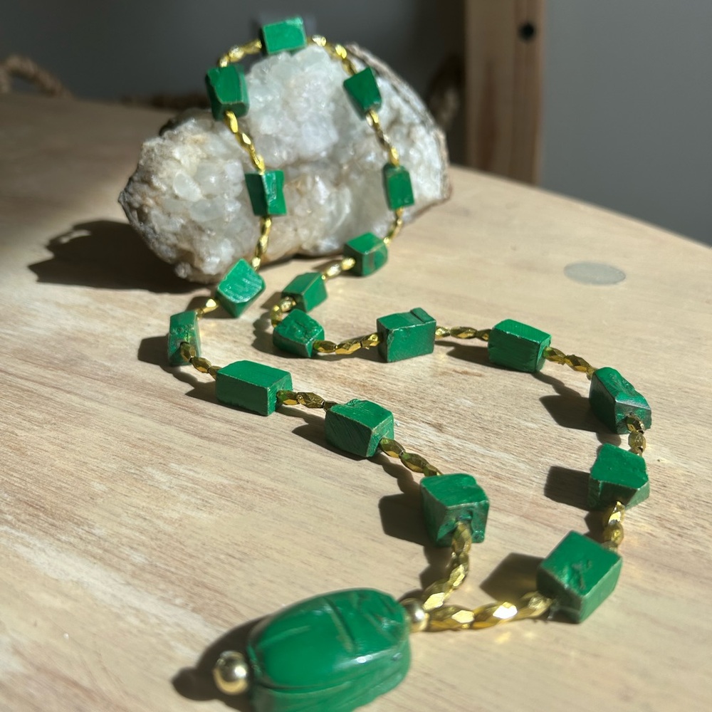 Egyptian style Green wooden beads and Gold Beaded Necklace